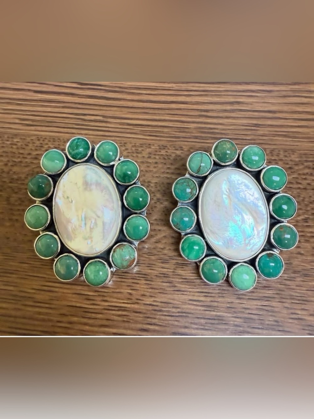 Federico Jimenez mother of pearl and turquoise earrings